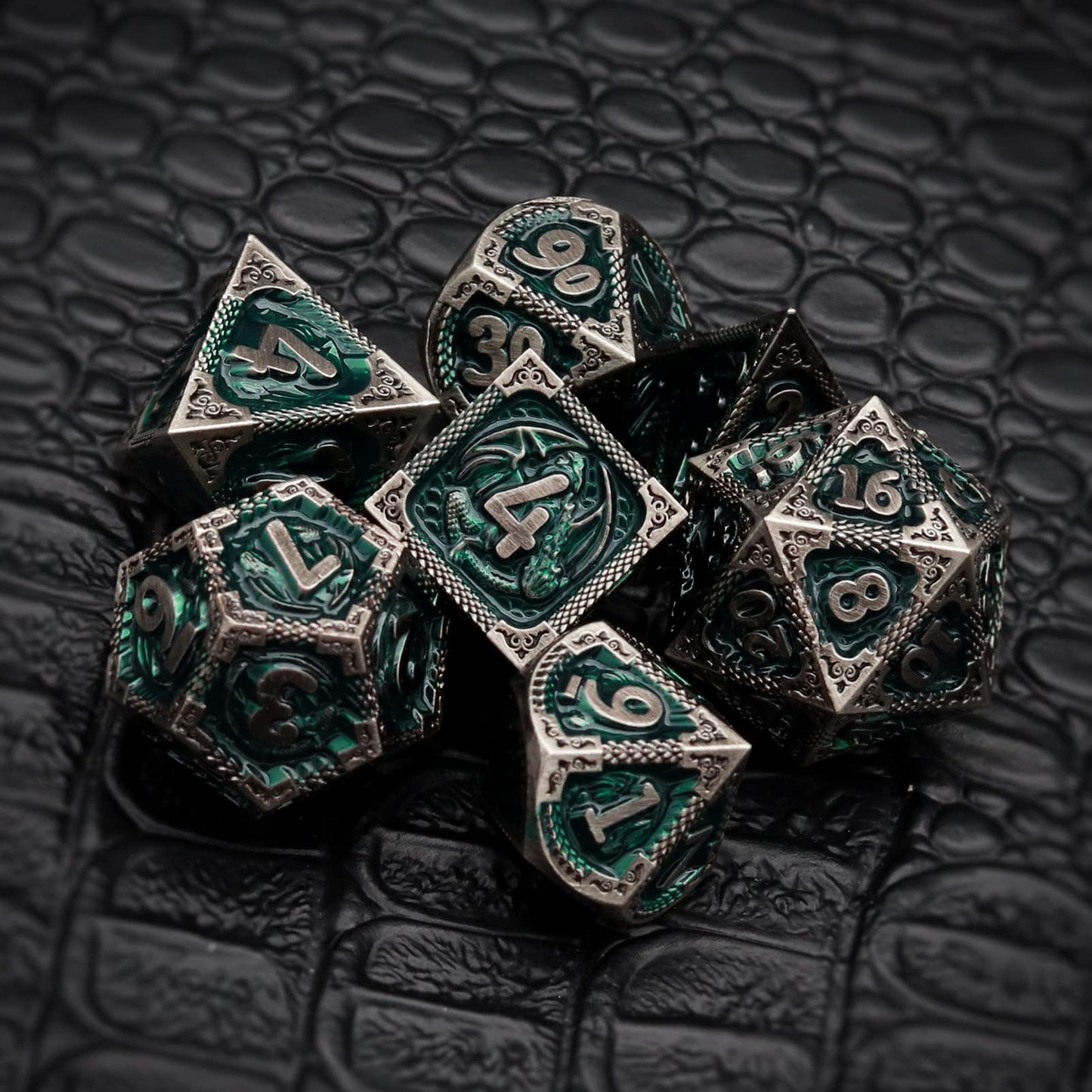 Haxtec DND Dice Set Metal D&D Dice Set with Leather Dice Bag Antique Iron Green Metal Polyhedral Dice for Dungeons and Dragons T