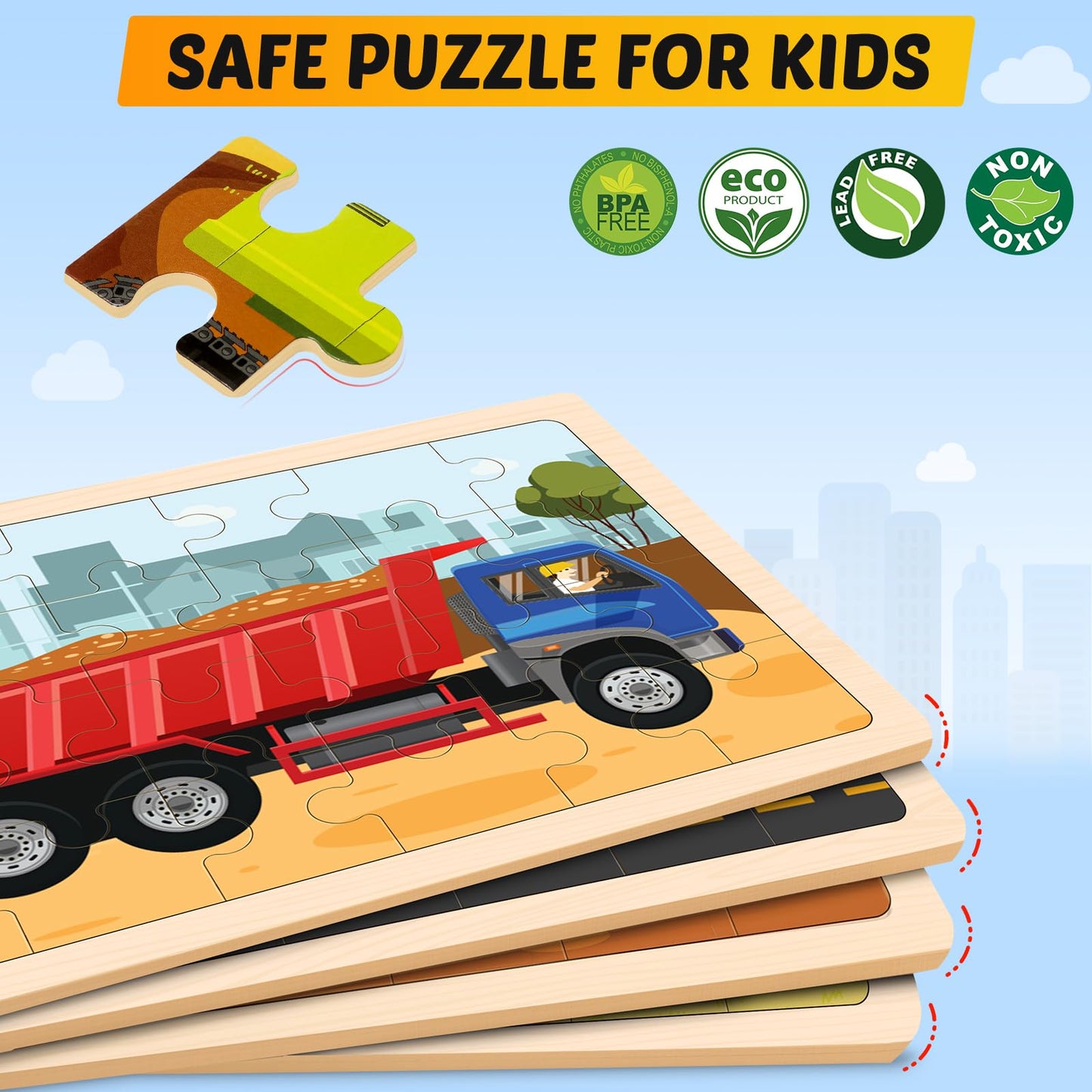 Wooden Puzzles For Kids Ages 4-6, 4 Packs 24 Pcs Construction Vehicle Jigsaw Puzzles For Kids Ages 3-5, Preschool Educational Pu
