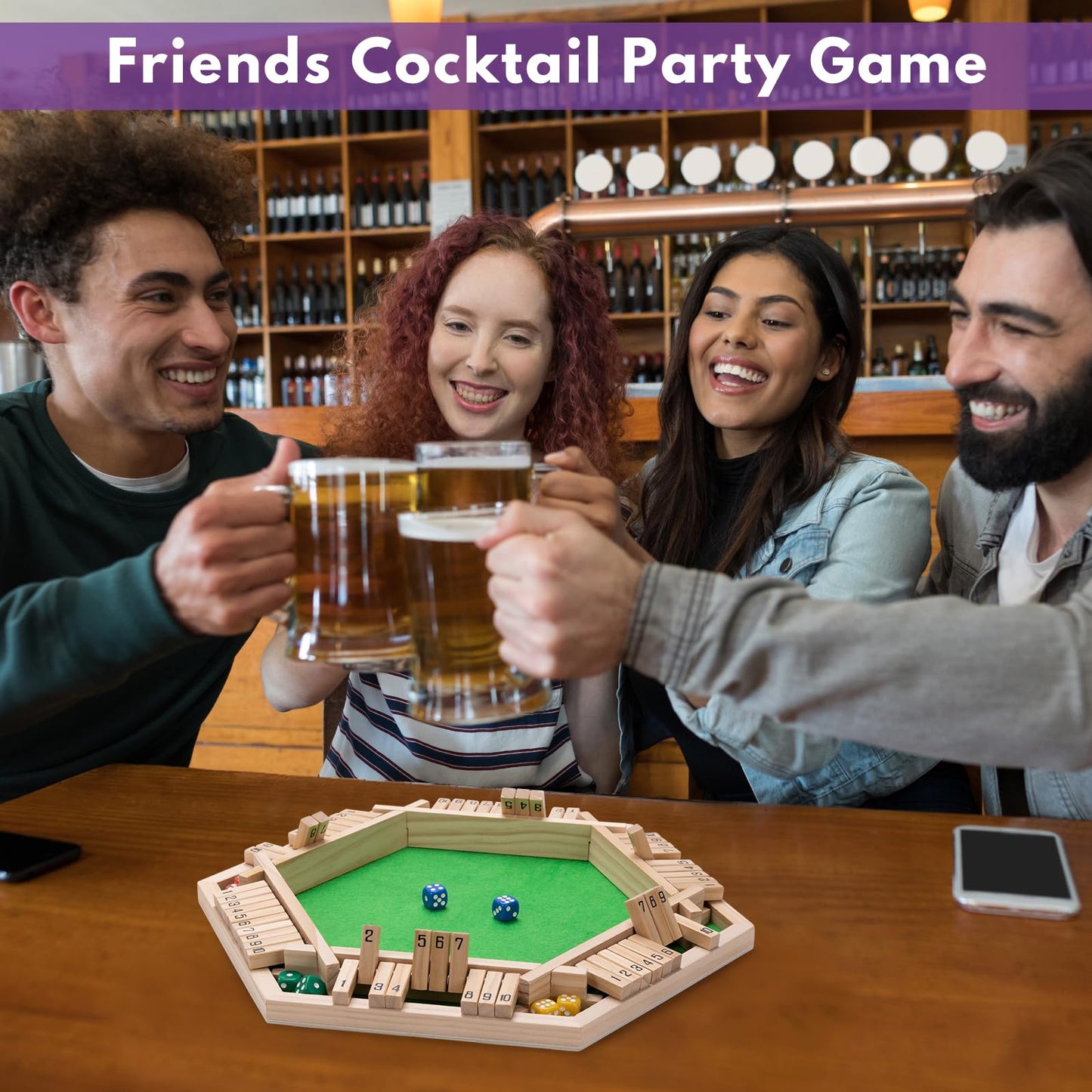 Fowreny Shut The Box Dice Game - Classic Wooden Tabletop Game for 2-6 Players - Natural Wood Finish Family Board Game for Adults
