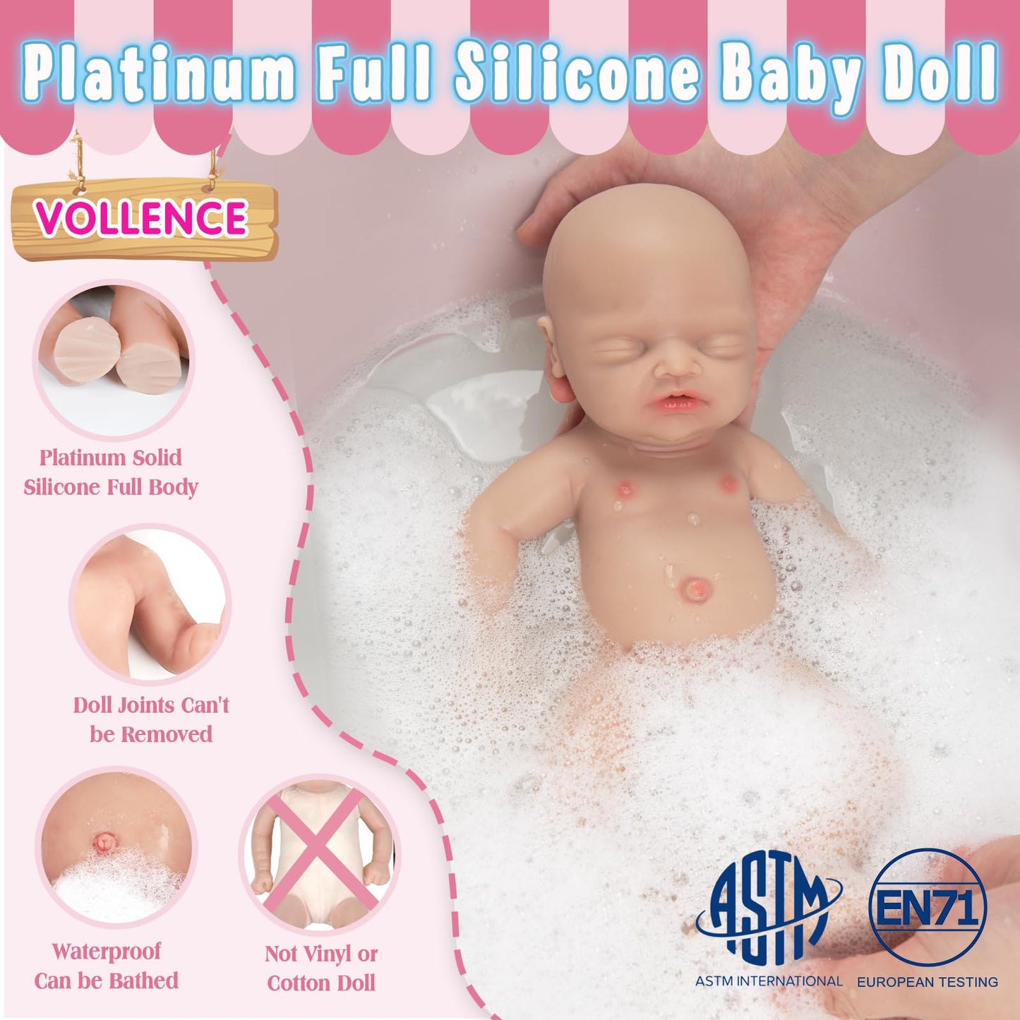 Vollence 12 Inch Sleeping Realistic Silicone Baby Dolls Newborn Realistic Eyes Closed Silicone Babies For Kid Gifts - Girl