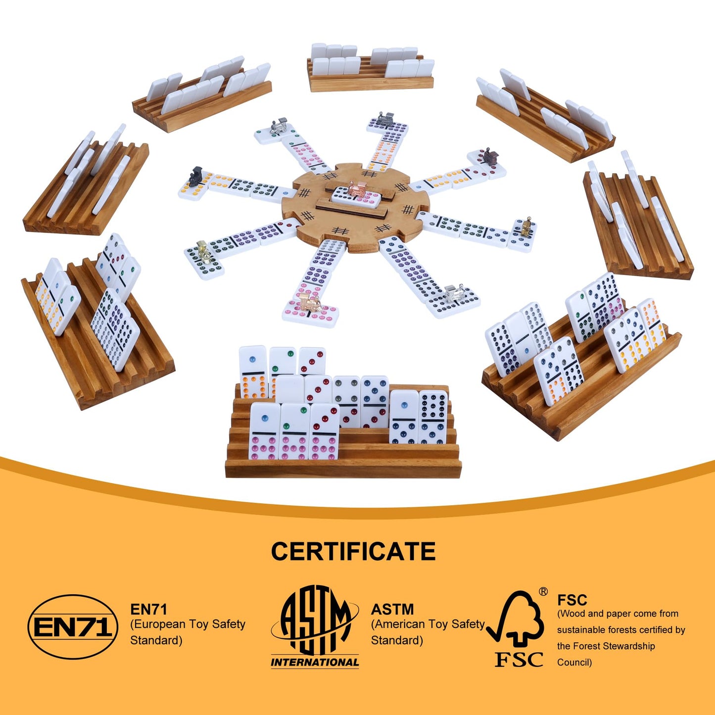 Offelec Mexican Train Double 12 Dominoes Set With Wooden Box, Domino Tile Board Games With 8Pcs Trays, 9 Markers, 91 Tiles, 2 Sc