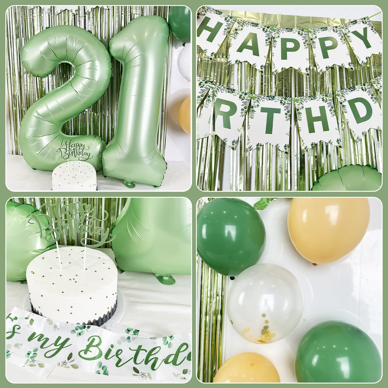 21St Birthday Decorations For Her, Sage Green 21 Birthday Party Decorations- 21St Happy Birthday Banner Sash Cake Topper Olive Green Balloons Kit, 21St Birthday Gifts For Women Birthday Party Supplies