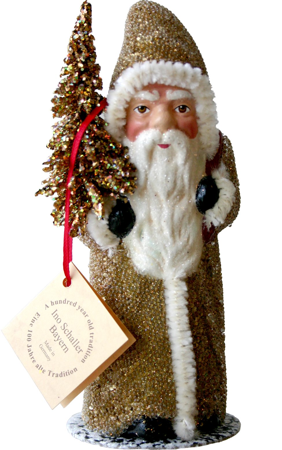 91712 - Schaller Paper Mache Candy Container - Santa w Gold Coat and Tree - 6H x 3W x 2.5D