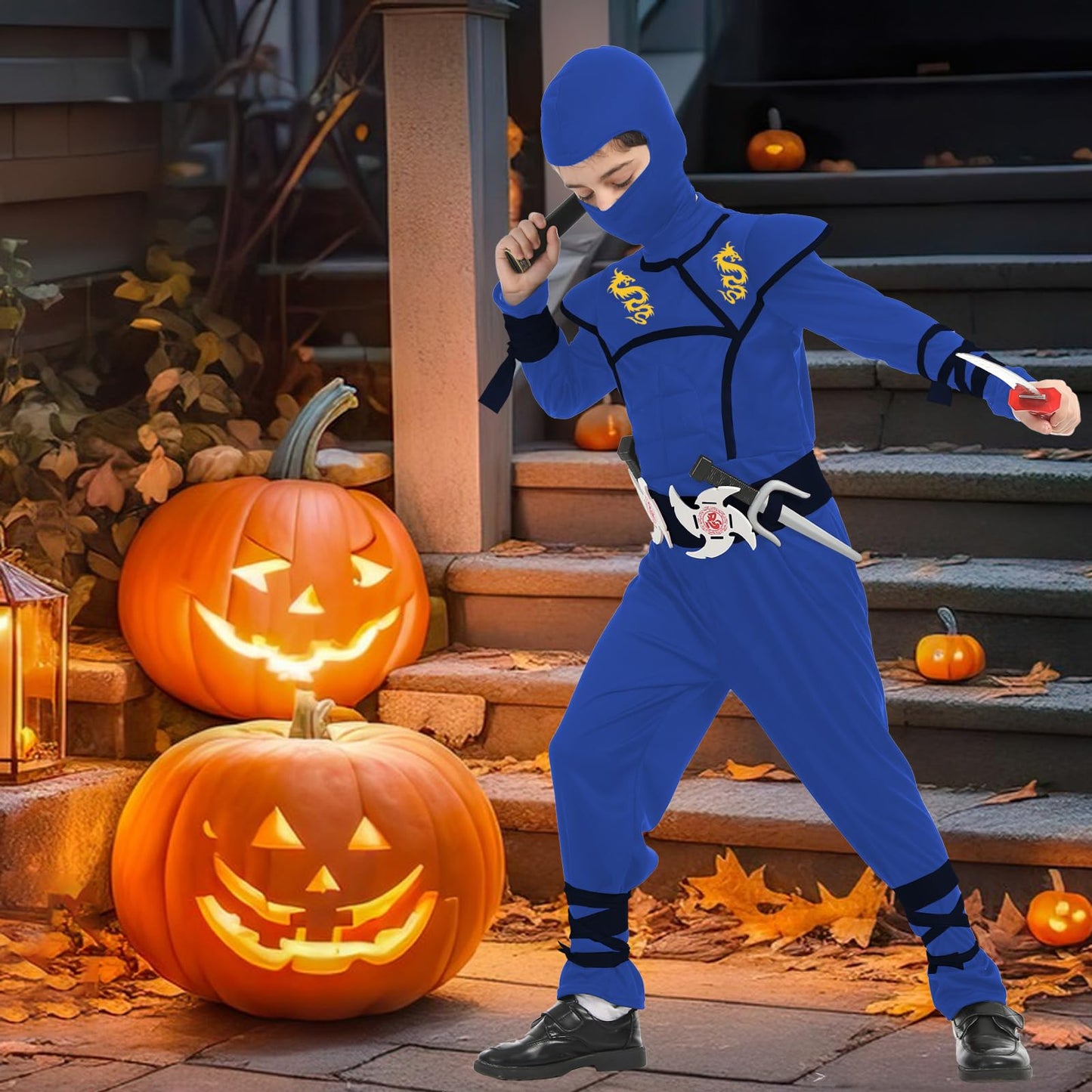 Satkull Ninja Costumes Halloween Ninja Costume For Kids Dragon Ninja Costumes Set Halloween Role Play Costume For Boys(Kids-Xl-10/12T Blue)