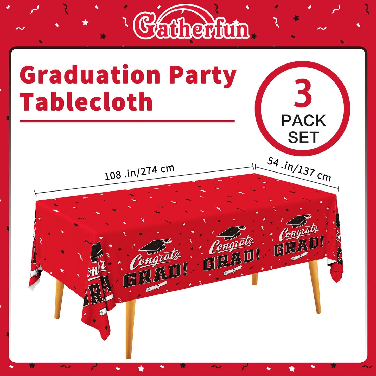 Graduation Party Decorations, Gongrats Grad Tablecover For Graduation Party Supplies, 3 Pcs Class Red Table Cloths, 54''X108''