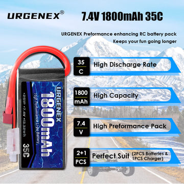 URGENEX 7.4V Lipo Battery 2S 35C 1800mAh RC Battery Pack with Deans T Plug for 1/10 & 1/16 Scale