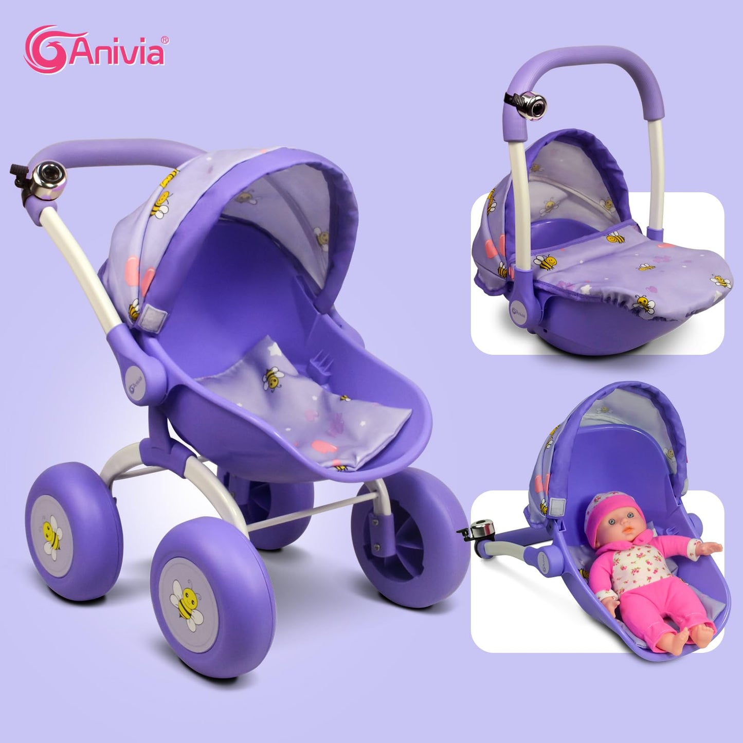 ANIVIA Doll Stroller Toy - Foldable Heart Design for Toddlers, Purple, Model ZH034pink, Metal and Fabric