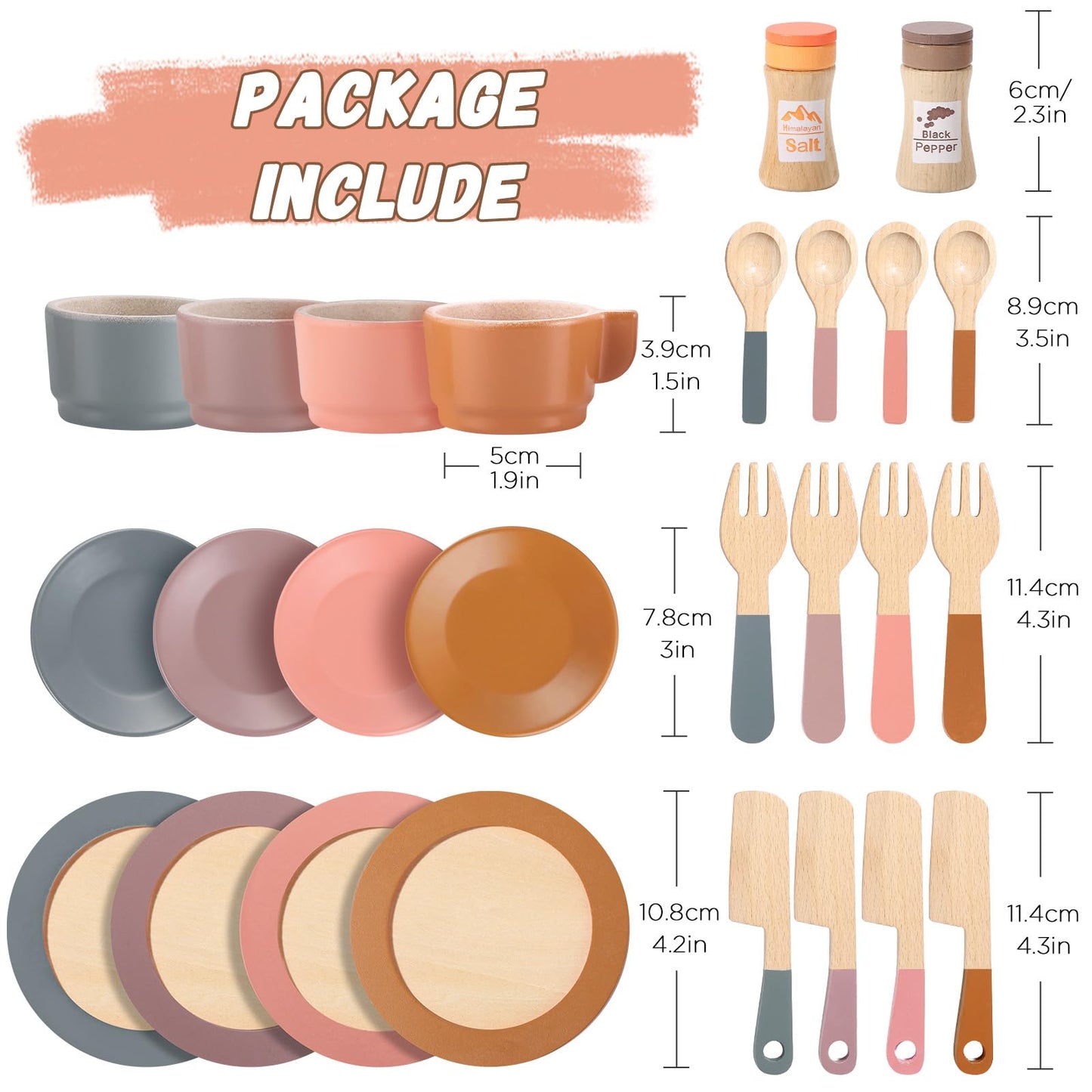 GAGAKU Wooden Dishes Kids Wooden Dishes for Play Kitchen Kids Play Dish Set Wood Plates Set for Toddler Montessori Wooden Kitche