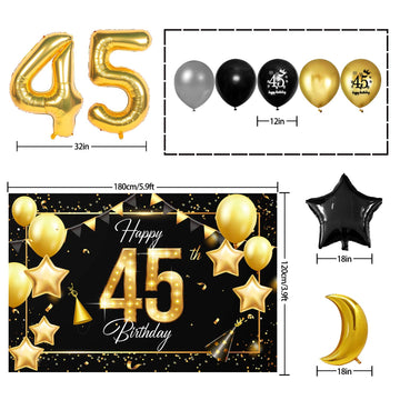 Happy 45Th Birthday Balloons Gold Set Decor - Cheers To 45 Years Old Party Theme Garland Star Moon Banner Backdrop Decorations F