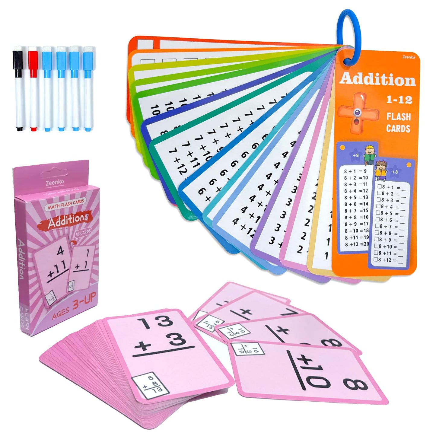 Limque 1-12 Math Flash Cards With 6 Dry Erase Pens, 15Pcs Big Addition Flash Cards + 36 Pcs Random Double-Sided Addition Practic