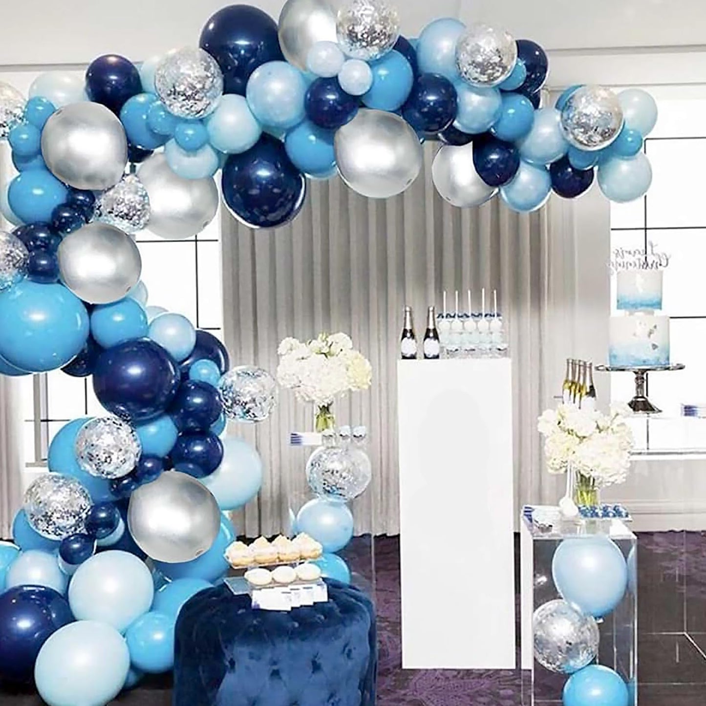 Xihaoyoo Blue Balloons, 60 Pieces 12'' Blue And Silver With Confetti, For Party, Birthday, Baby Shower Decorations, Includes Rib