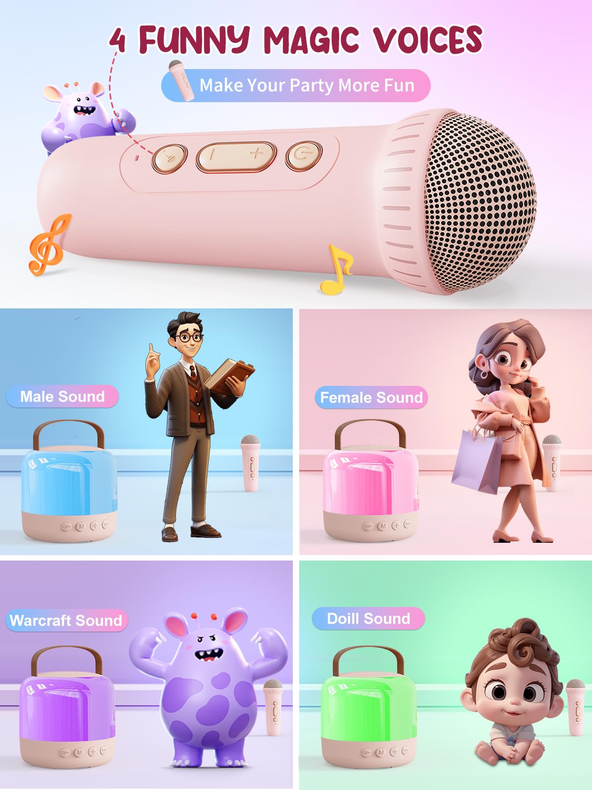 Iyoyo Mini Karaoke Machine For Kids Portable Bluetooth 5.3 Speaker With 2 Wireless Kareokee Microphones, 360° Colorful Led Light Karaoke Toy Gifts For Girls Boys Ages 4-12 Birthday(Peach Pink-2 Mic)