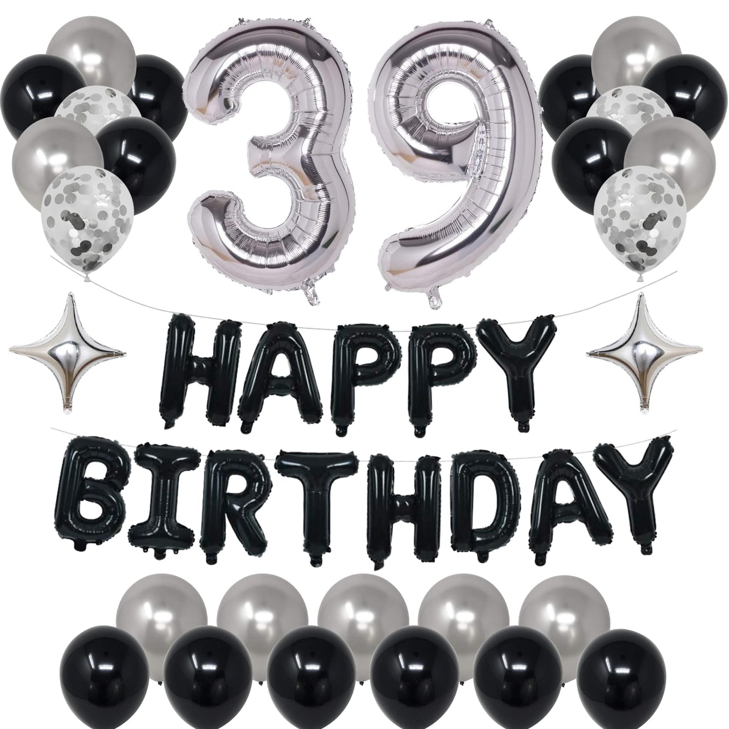 Naninuneno 39Th Black Silver Birthday Party Decorations For Men Women, Happy 39 Birthday Party Supplies With Black Happy Birthda