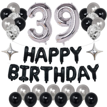 Naninuneno 39Th Black Silver Birthday Party Decorations For Men Women, Happy 39 Birthday Party Supplies With Black Happy Birthda
