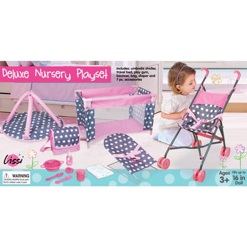 Lissi 5 Piece Doll Deluxe Nursery Play Set - Pink & Navy Blue Accessories, Model 12566