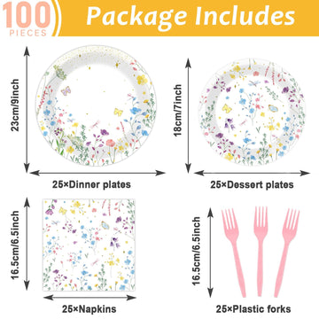 Obusatt 100 Pcs Wildflower Paper Plates And Napkins Party Supplies Wildflower Party Decorations Floral Wildflower Disposable Pla