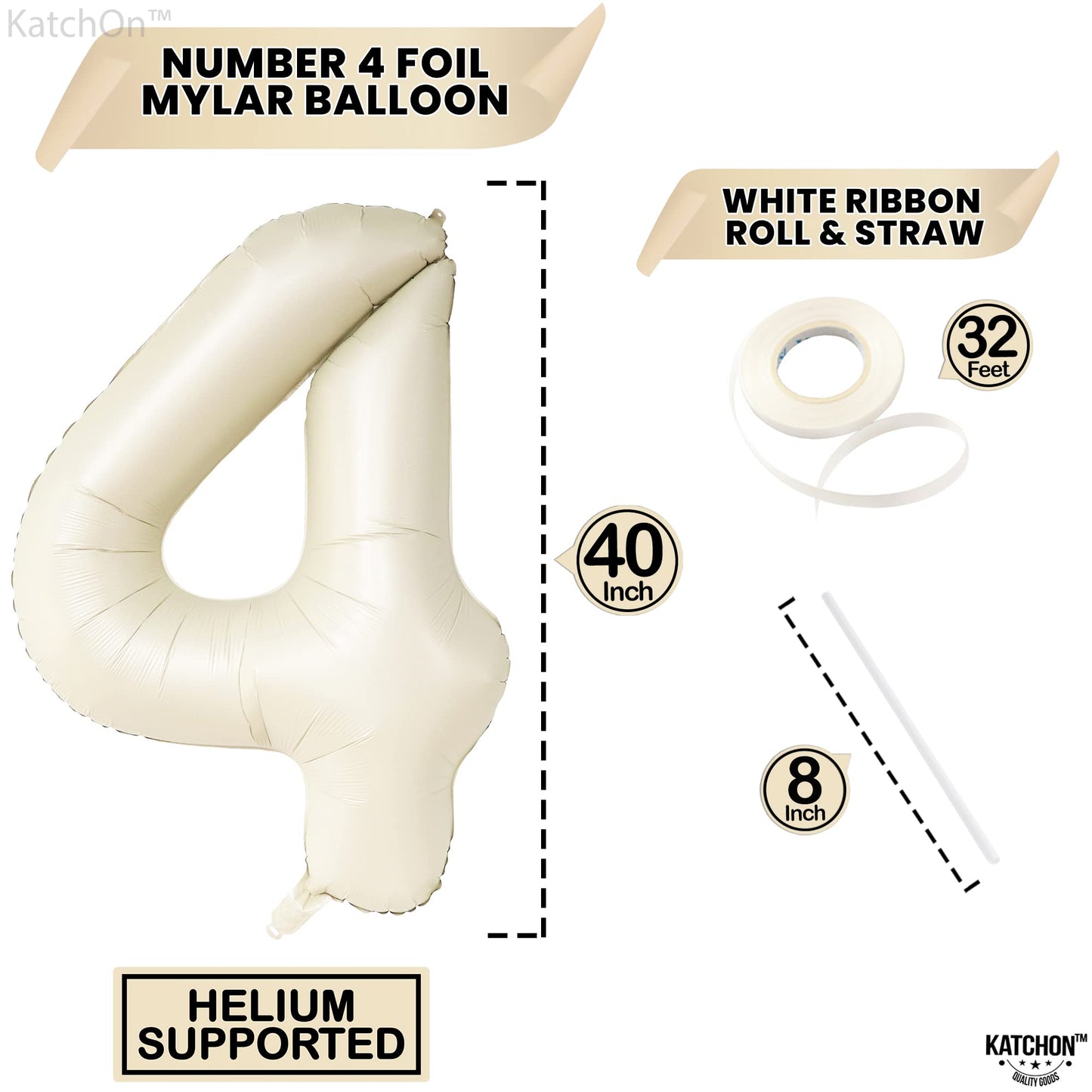 Katchon, Giant Cream White 4 Balloon Number - 40 Inch | Number 4 Balloons For Birthdays | 4Th Birthday Decor For Party | Creme Number 4 Balloon | 4 Year Old Balloon For 4Th Birthday Party Supplies