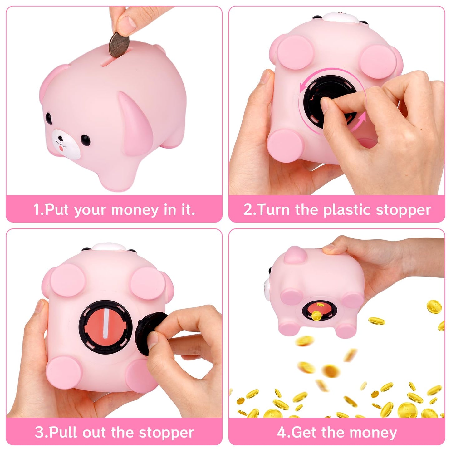 NIGOWAYS Piggy Bank for Girls,Unbreakable Plastic Puppy Money Bank with DIY-Stickers and Rhinestone Bow Tie,Cute Coin Bank for K