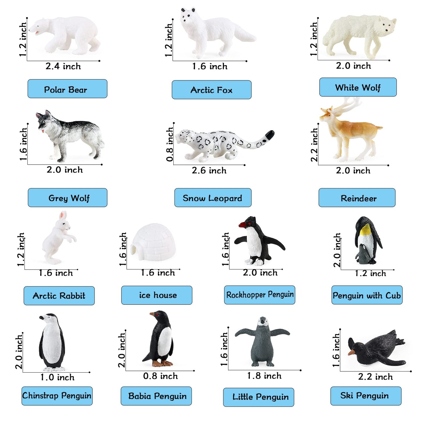 Rcomg Arctic Animals Figures, 14Pcs Mini Polar Animal Figurines, Plastic Arctic Animal Toys Set With Arctic Fox Wolf Reindeer Pe