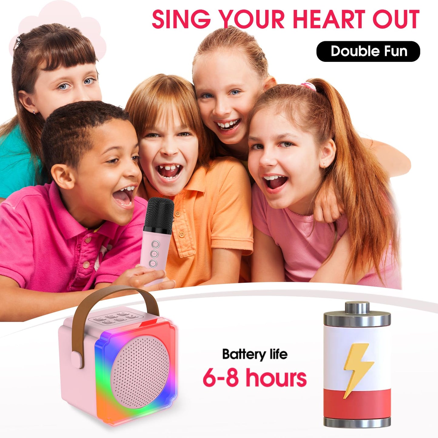 Kids Karaoke Machine For Girls And Boys, Portable Bluetooth Speaker With 2 Wireless Microphones, Birthday Gifts For Girls Ages 3