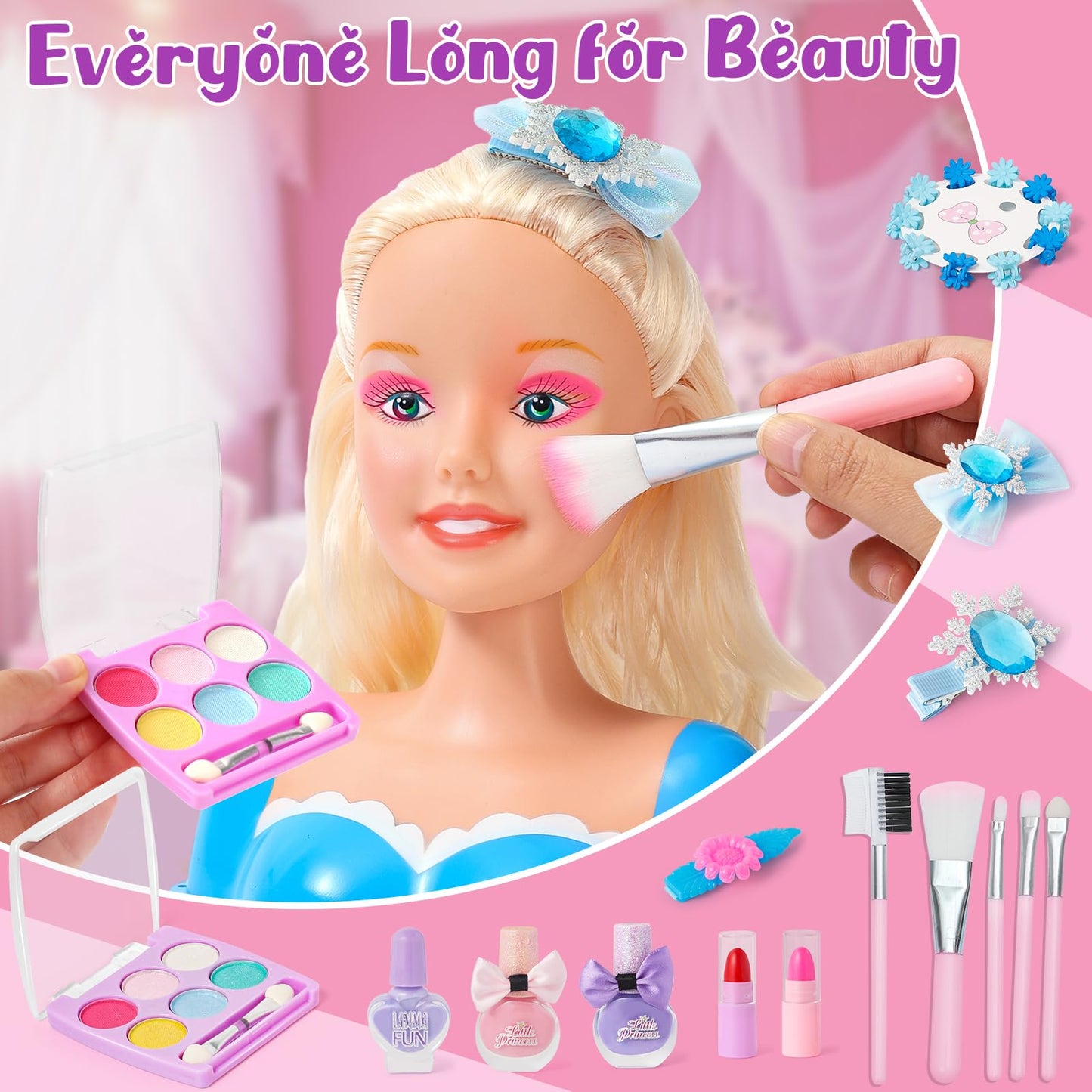 Svmk Hair Styling Doll Head Makeup For Girls Toys Kids Practice Pretend Play Beauty Set With Hairdryer Curling Iron Crown Brushe