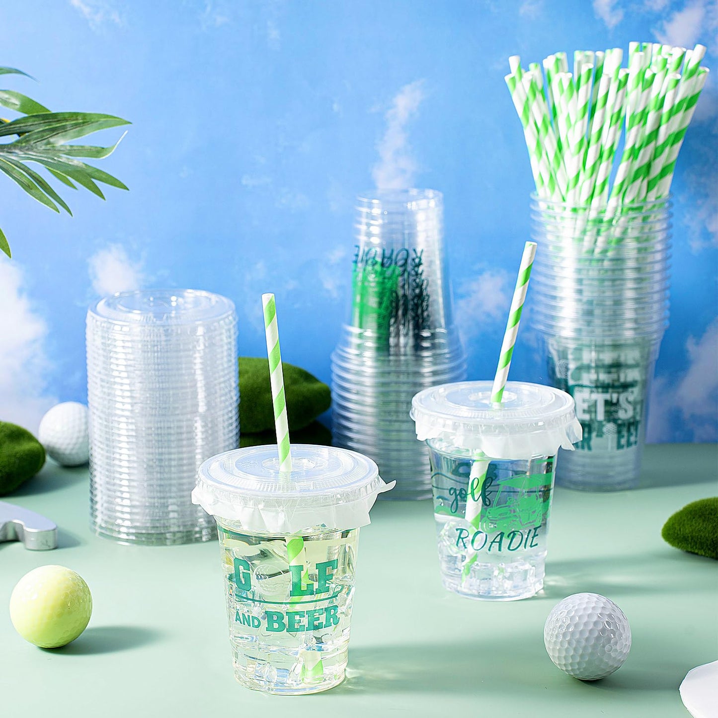 Foldtier 50 Pcs Golf Cups, 12 Oz Disposable Plastic Cups With Straws And Lids Golf Clear Cup Birthday Bachelor Cups Supplies Bir