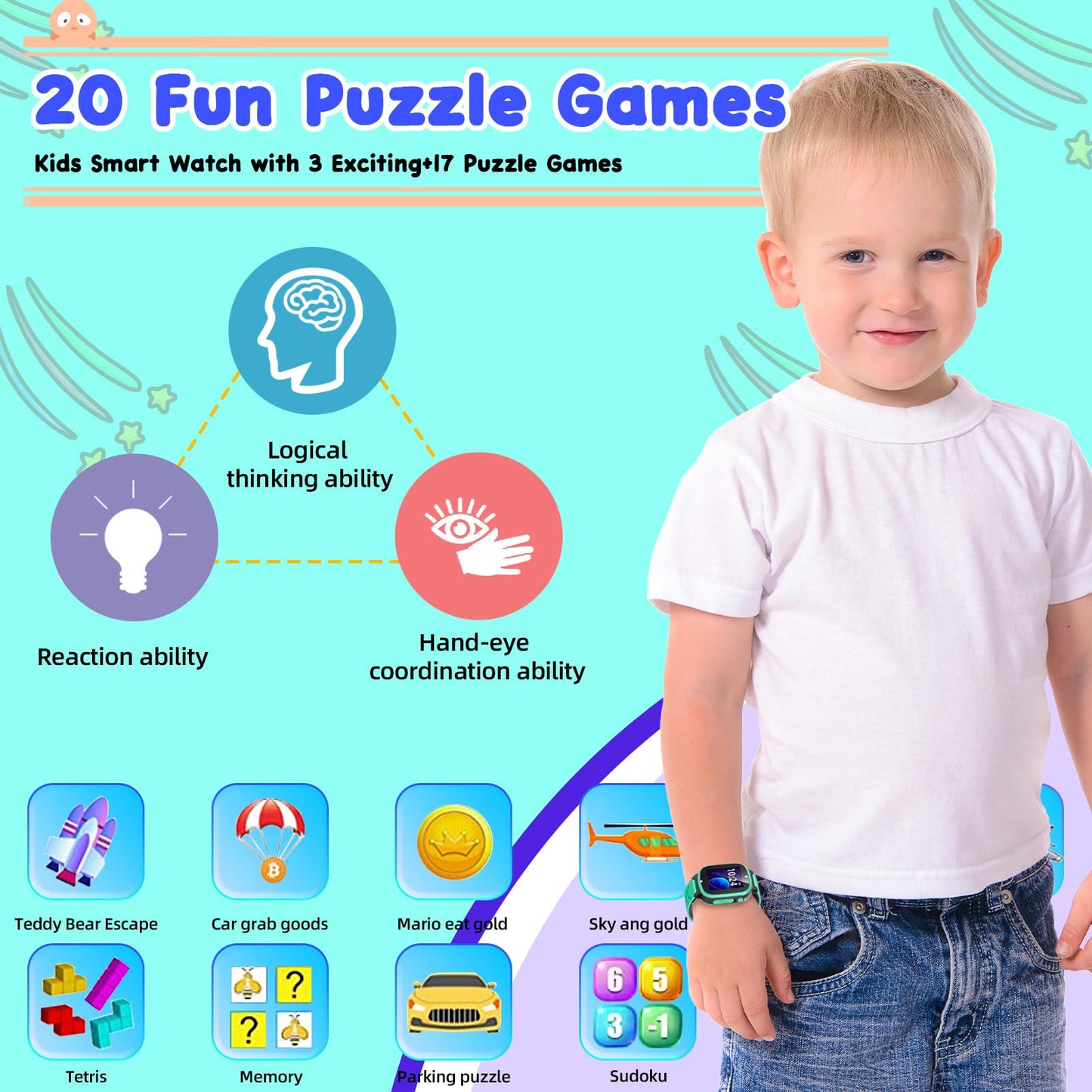 Luoba Smart Watch For Kids, Toys For 3-10 Year Old Boys Girls, 1.44' Kids Watch With 20 Puzzle Games Camera Alarm Educational Learning Toddler Watch Birthday For Boys Girls Age 4 5 6 (Green)