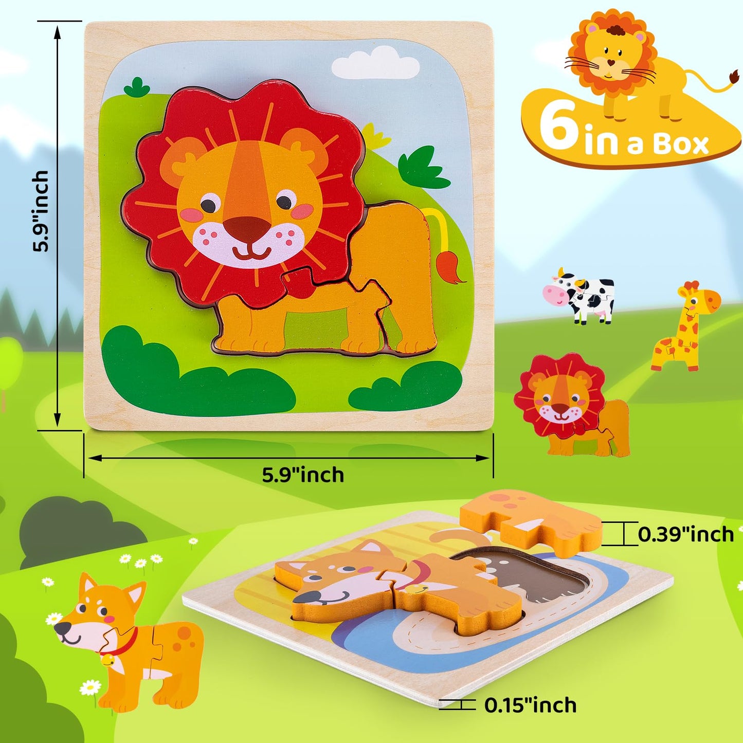 6 Pack Wooden Puzzles For Toddlers 1-3 Years Old - Montessori Toys For 2-Year-Old, Educational Toys With 6 Animal Patterns Puzzl
