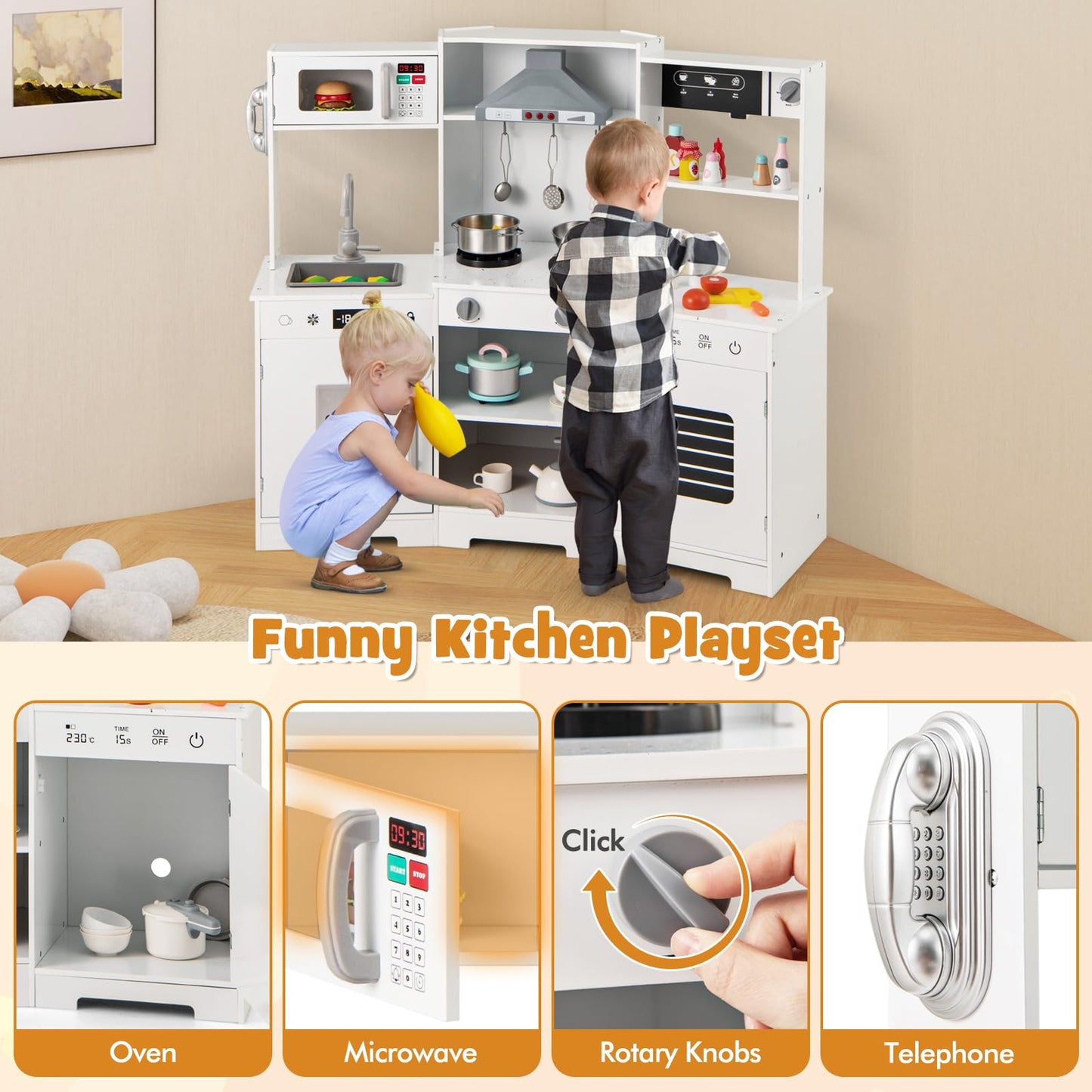 HONEY JOY Corner Kids Kitchen Playset, Wooden Toy Kitchen Set w/Lights & Sounds, Range Hood, Ice Maker & Coffee Maker, Microwave