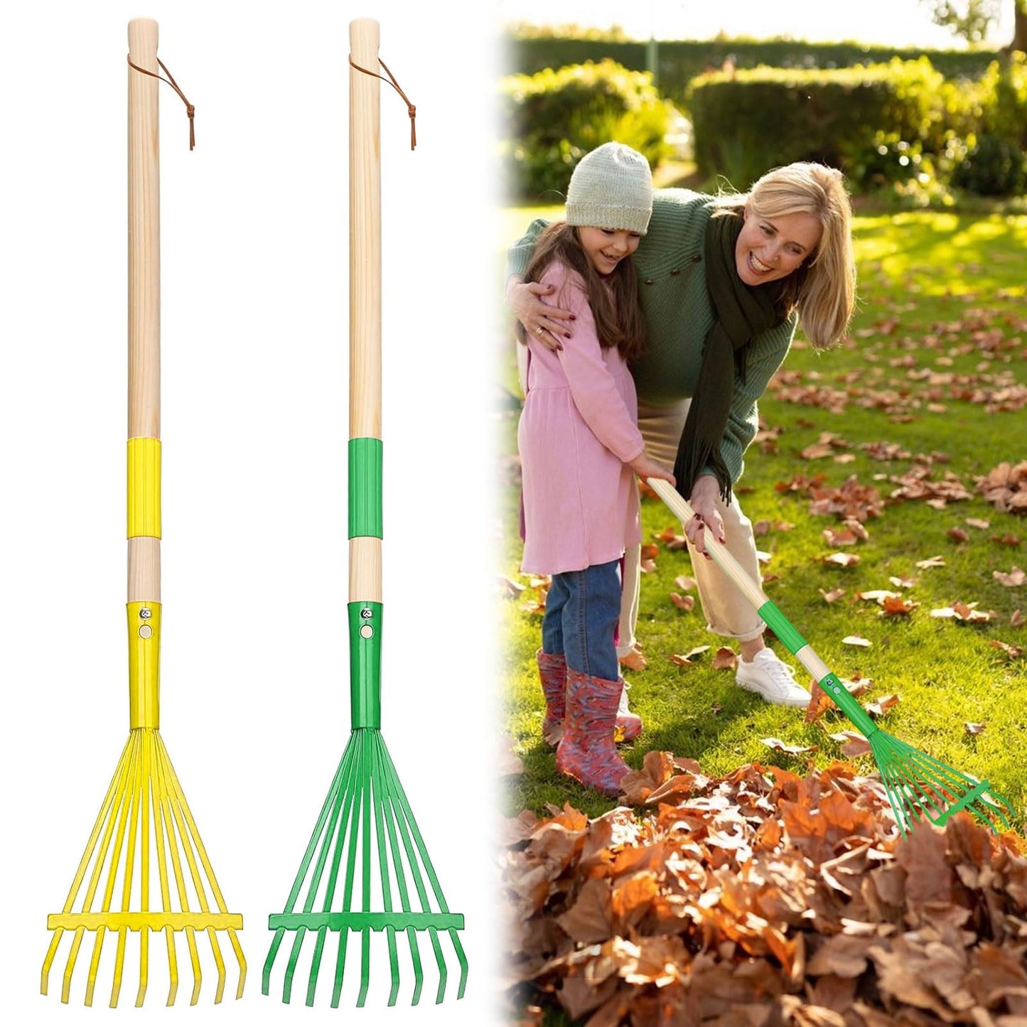 2Pcs Kids Rake Garden Tool Set Toy,Child Size Lawn Small Rakes and Garden for Leaves,Wooden Gardening Toy Rakes with Detachable