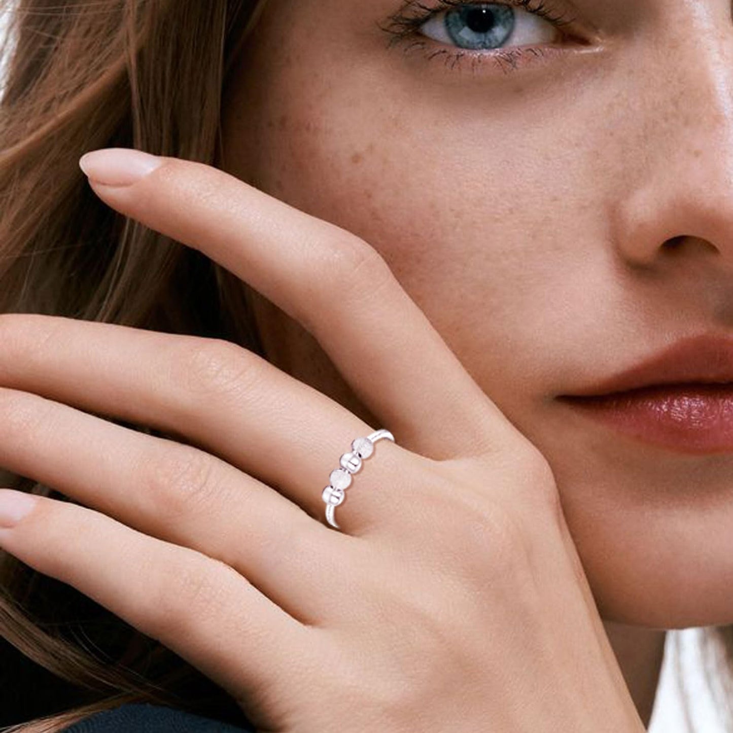 Senteria Anxiety Rings for Women Sterling Silver Rings Adjustable Stress Spinner Rings with Beads Fidget Rings for Anxiety Women