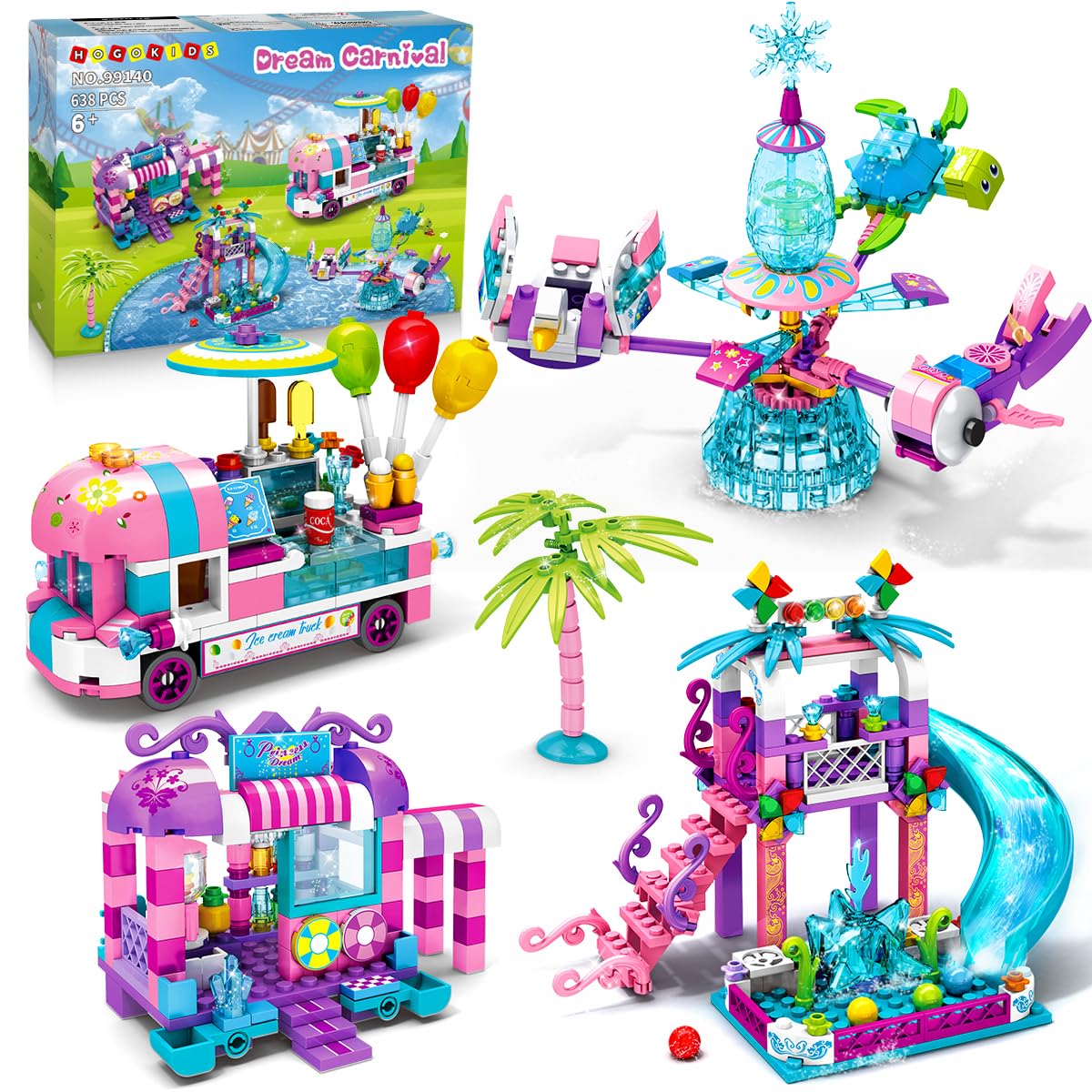Hogokids Girls Theme Park Building Set - 638 Pieces Friends Ice Cream Truck Building Block Kit 4 In 1 Model Princess Water Park Slide Toys For Kids Girls Boys Aged 6 7 8 9 10 Years Old