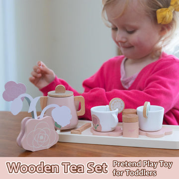 Smartwo Wooden Tea Set for Little Girls, Pretend Play Tea Party Set Toy with 27 PCS Play Kitchen Accessories, Princess Tea Set T