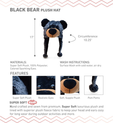 Puzzled Black Bear Plush Hat - One Size Costume Headwear With Ear Flaps, Funny Plush Party Crazy Hat, Stuffed Animal Hat, Cozy F