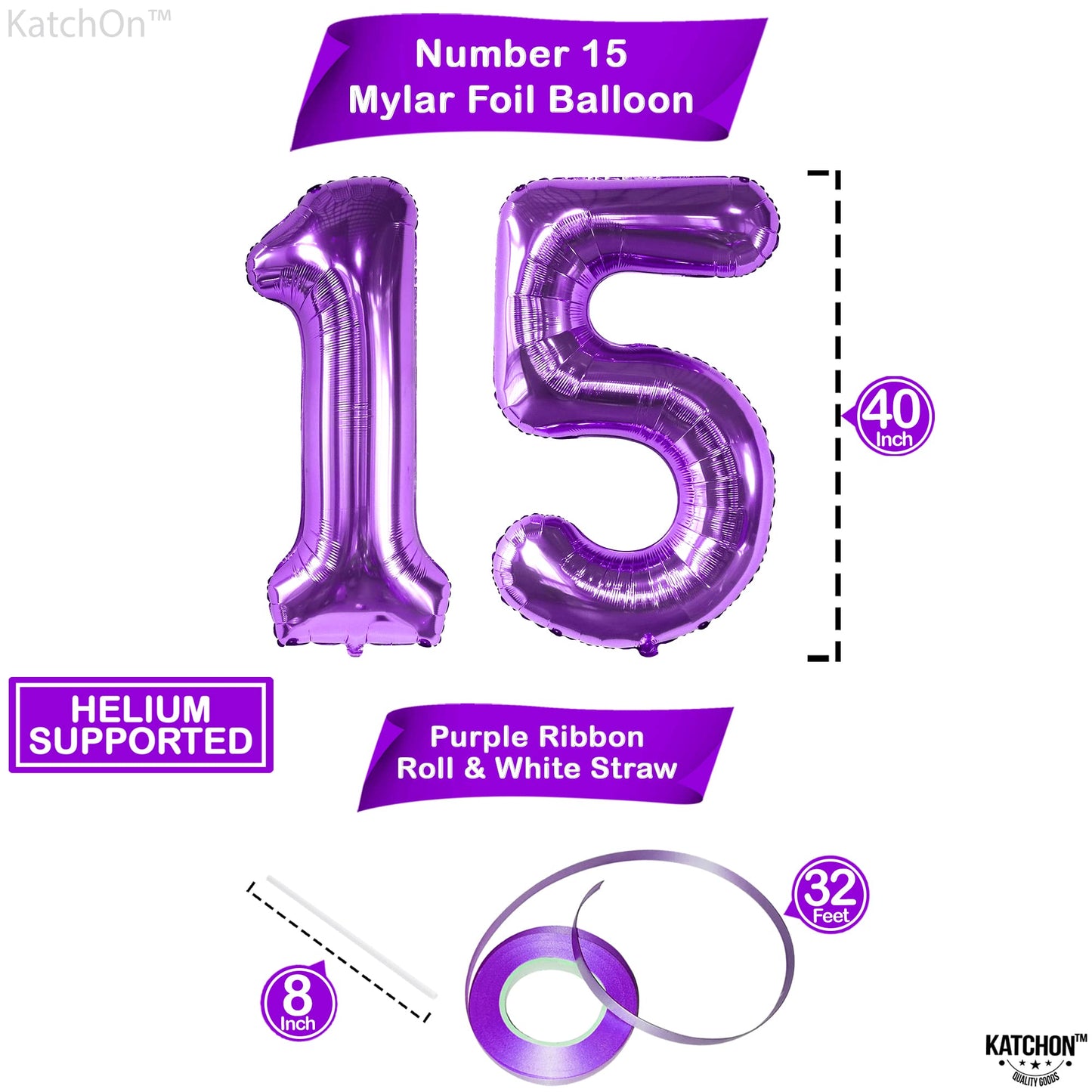 Katchon Purple 2-Piece Number 15 Balloon Set - 40 Inch, 15Th Birthday & Anniversary Decorations For Girls