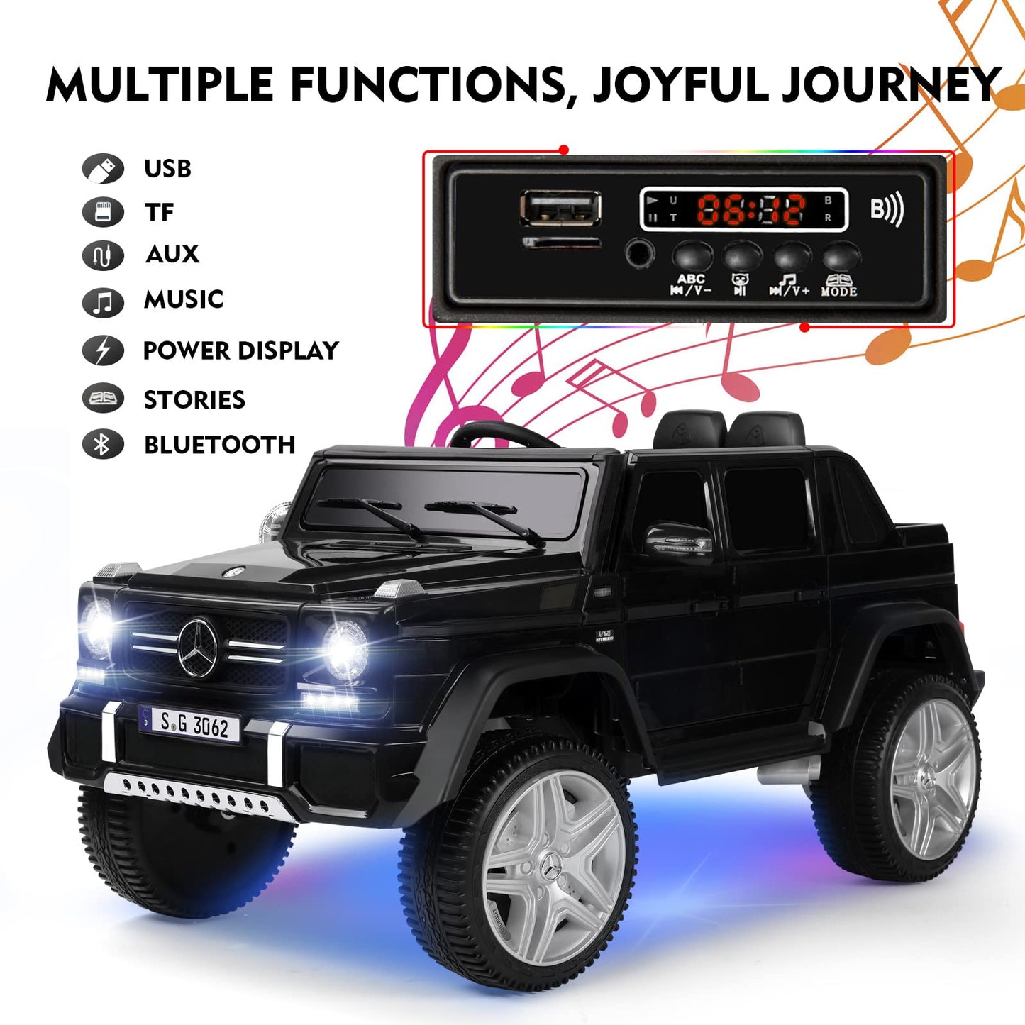 Joyldias Kids Ride On Cars, Licensed Mercedes-Benz Maybach G650S, 12V7Ah Battery Powered Toy Electric Car For Kids With 2.4Ghz Remote Control, 2 Motors, 3 Speeds, Lock, Music, Horn, Led Lights, Black