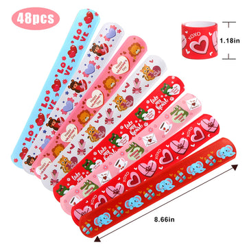 CCINEE 48PCS Valentine's Day Slap Bracelets, Assorted Heart Animal Printed Slap Wristbands Valentine Cartoon Snap Bands for Kids