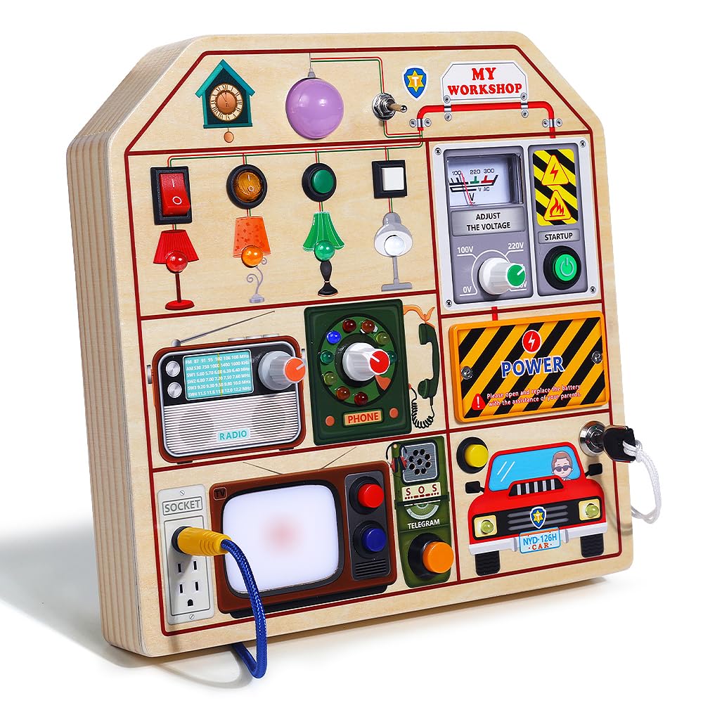 Jaunty Montessori Wooden Busy Board For Toddlers 1 2 3 Years Old, Wooden Sensory Toddler Toys With Led Light Switches, Tv Radio