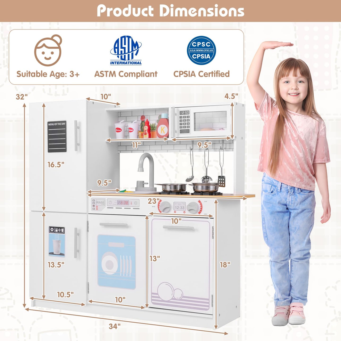 Costzon Play Kitchen for Kids, Wooden Toy Kitchen Set with Blackboard, Faucet, Sink, Oven, Microwave, Dishwasher, Accessories, P