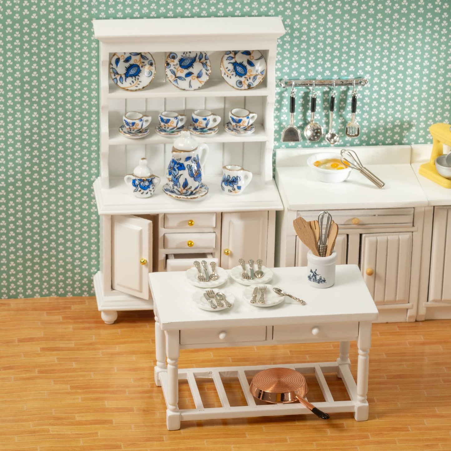 Samcami Miniature Dollhouse Furniture Kitchen Set - Kitchen Cabinet Cupboards And Tea Set – 1 12 Scale Dollhouse Accessories