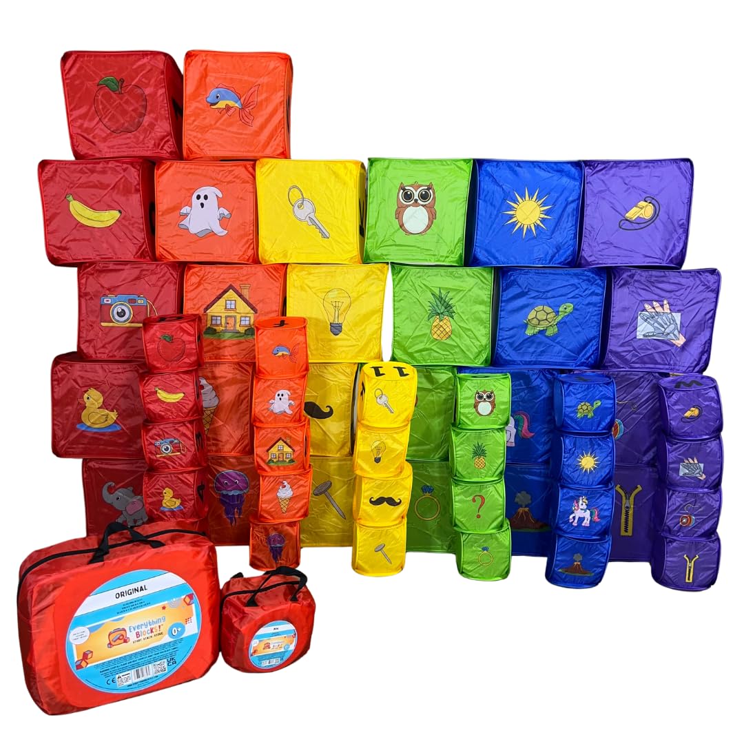 EVERYTHING BLOCKS! 52Pcs Toddler Building Blocks - Foldable Jumbo Blocks, Kids Building Blocks, Alphabet, Numbers, Pictures, Puz
