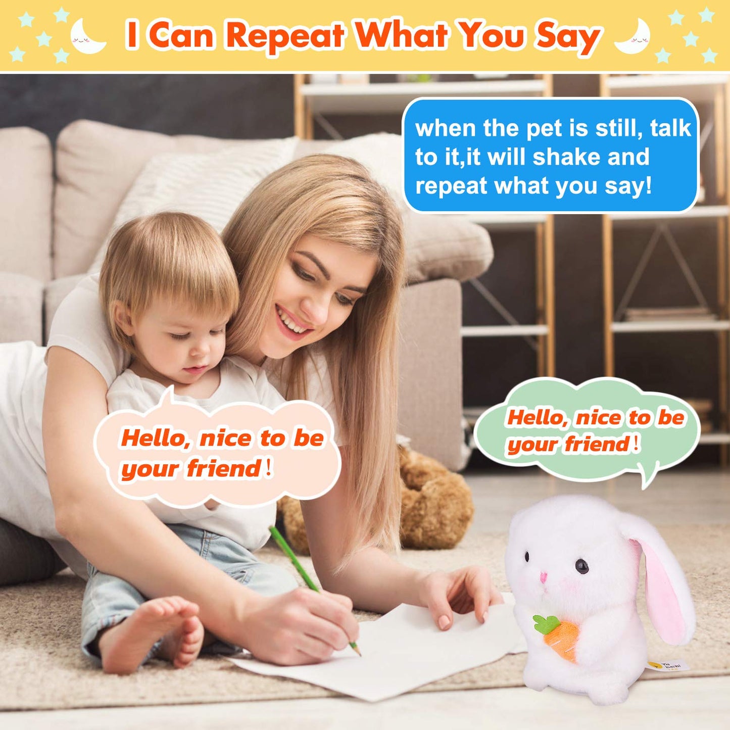 Marsjoy Easter Bunny Talking Robot - 6.3'' Interactive Plush Toy, Repeats Your Words, Dances, And Shakes For Kids, Boys, Girls,