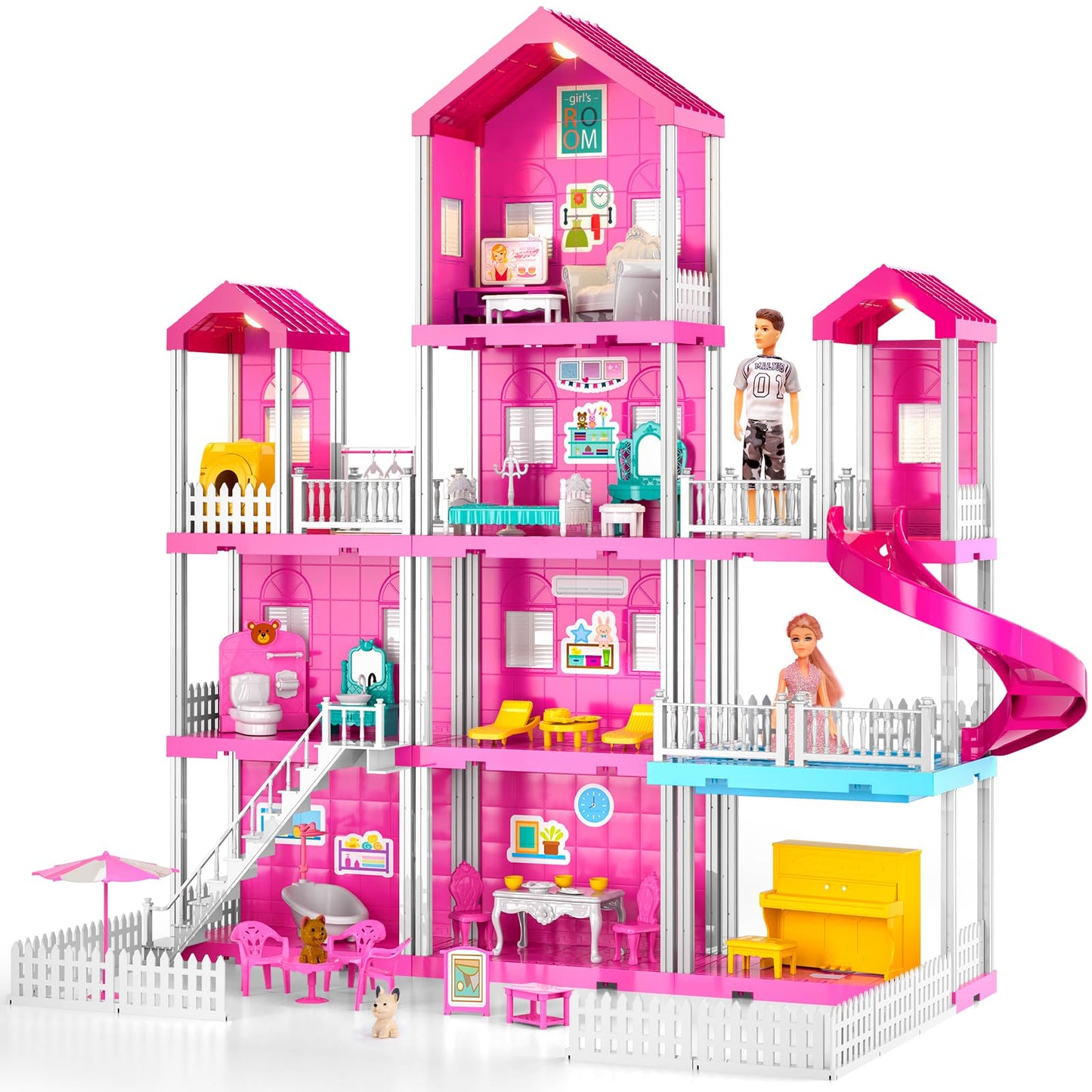 Temi Dream House Doll House With 2 Doll Toy Figures, 4-Story 10 Rooms Dollhouse With Accessories And Furniture, Toddler Playhouse Gift For Kids Ages 3 Toys For 3 4 5 6 Year Old Girls