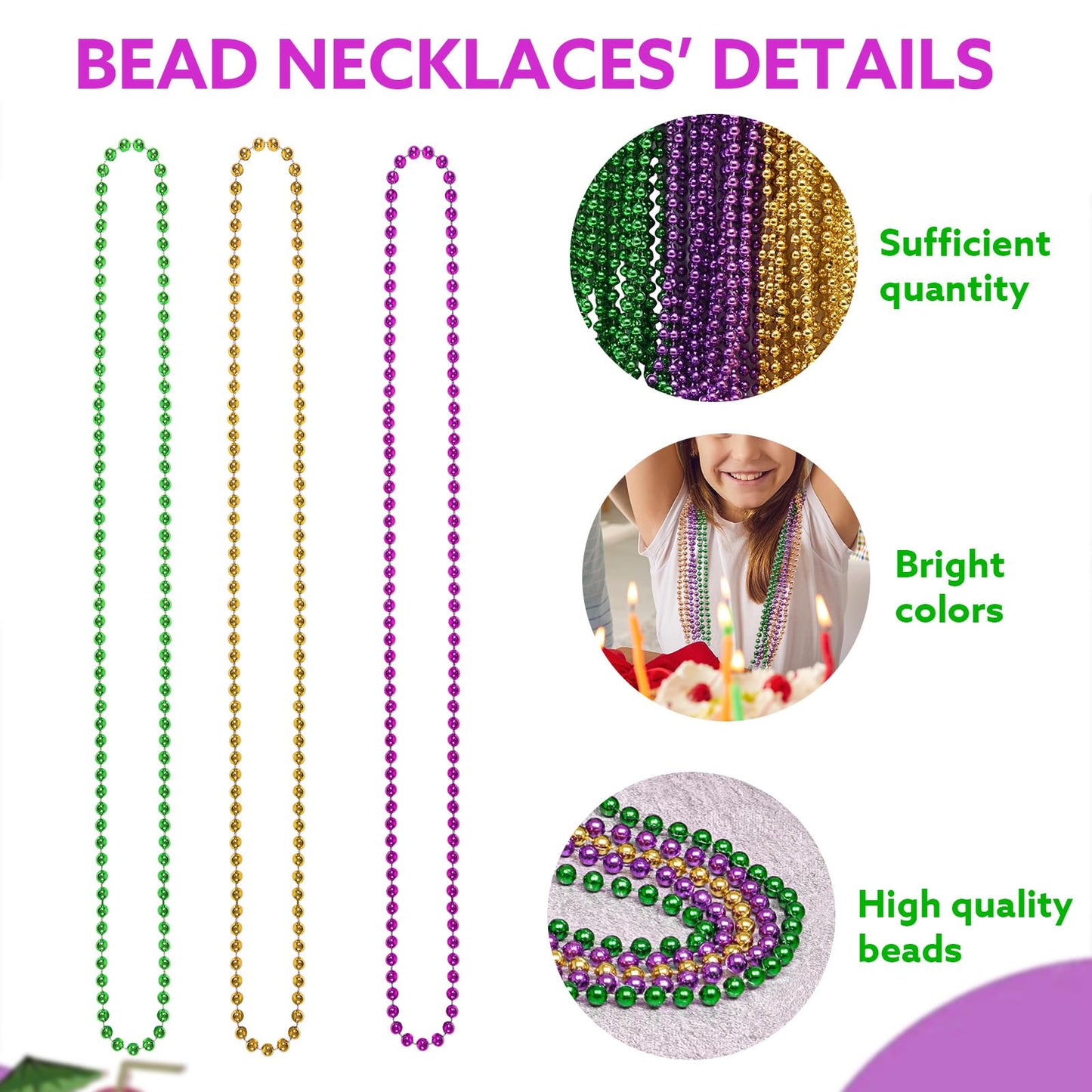 Biubumtu 30Pcs Mardi Gras Beads, Green Purple Gold 33'' Metallic Beaded Necklace Bulk Costume Stuff, Festival Parade Throw Acces