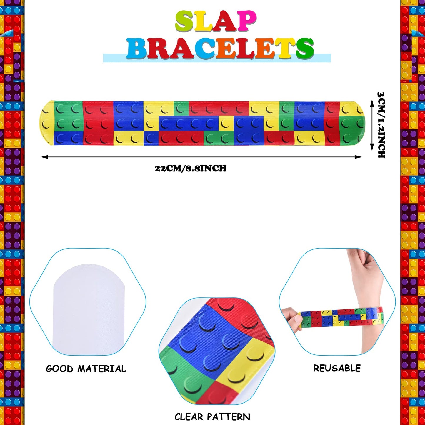 Color Brick Party Favors Kids Slap Bracelet Building Block Snap Bracelets Party Supplies for Boys Girls Party Birthday Stuffing(