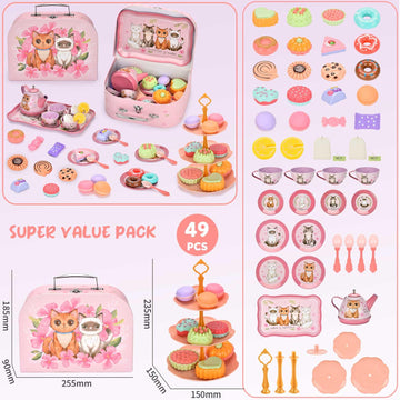 Lajeje Cat Tea Party Set for Girls - Pretend Play Toy with Kitten Tin Tea Set, Desserts & Carrying Case, Ideal Birthday Gift for Ages 3-6