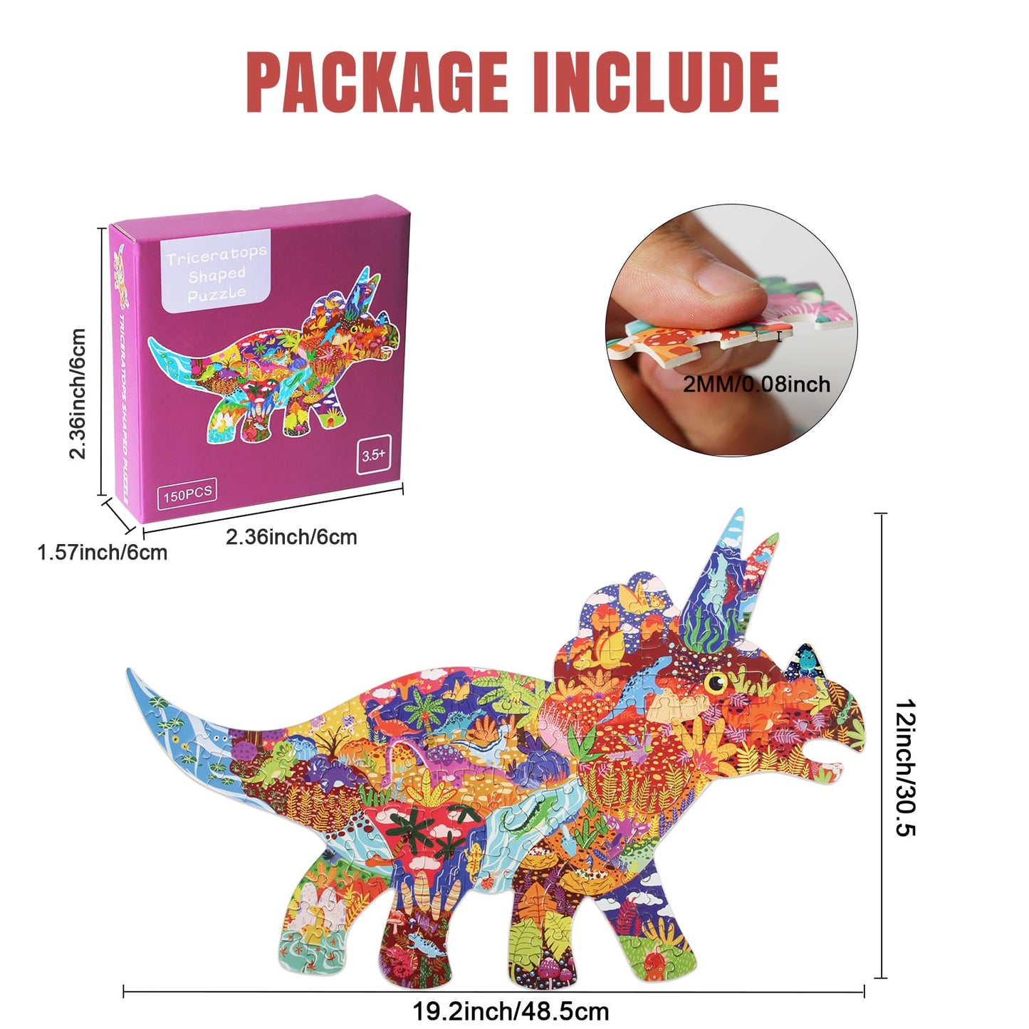 Kids Animal Puzzles, 150 Piece Triceratops Shaped Jigsaw Puzzles For Kids Ages 8,9,10,11,12 Boys And Girls Toy Puzzles, Family Puzzle Games For Children, Kids Educational Puzzle Birthday Gifts