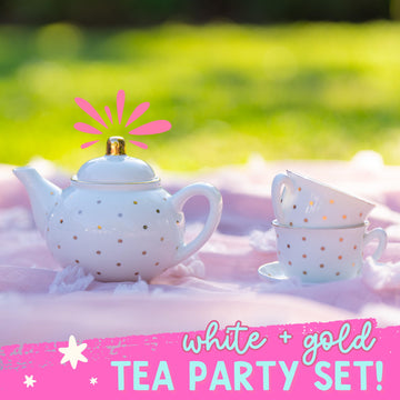 Porcelain Tea Set for Girls - White with Gold Polka Dots Tea Party Set for Kids I Complete Children Tea Sets with Carry Case, Te