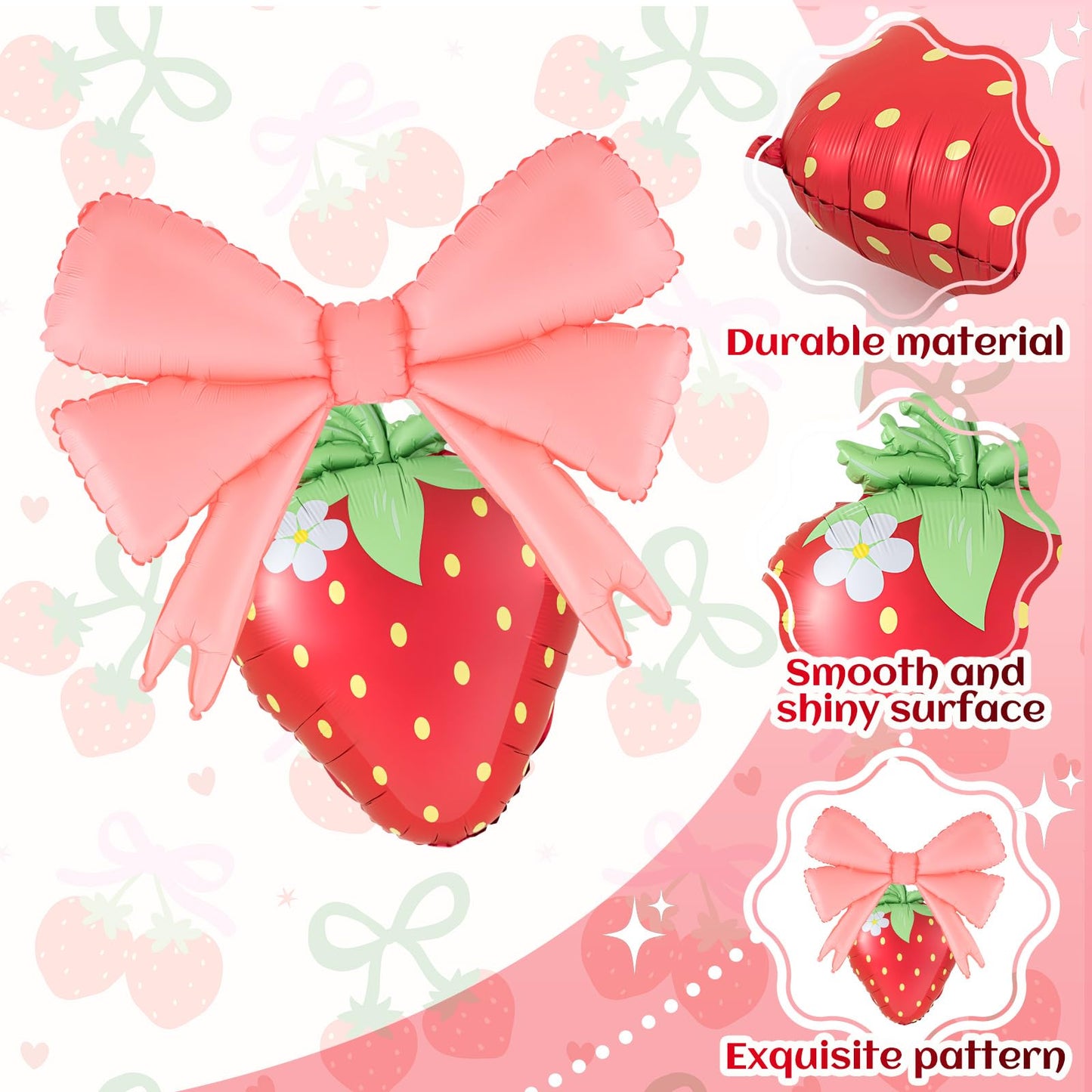 Hungdao 8 Pcs Strawberry Party Decorations 23 Inch Strawberry Balloons 30 Inch Pink Big Bow Balloons for Birthday Baby Shower We