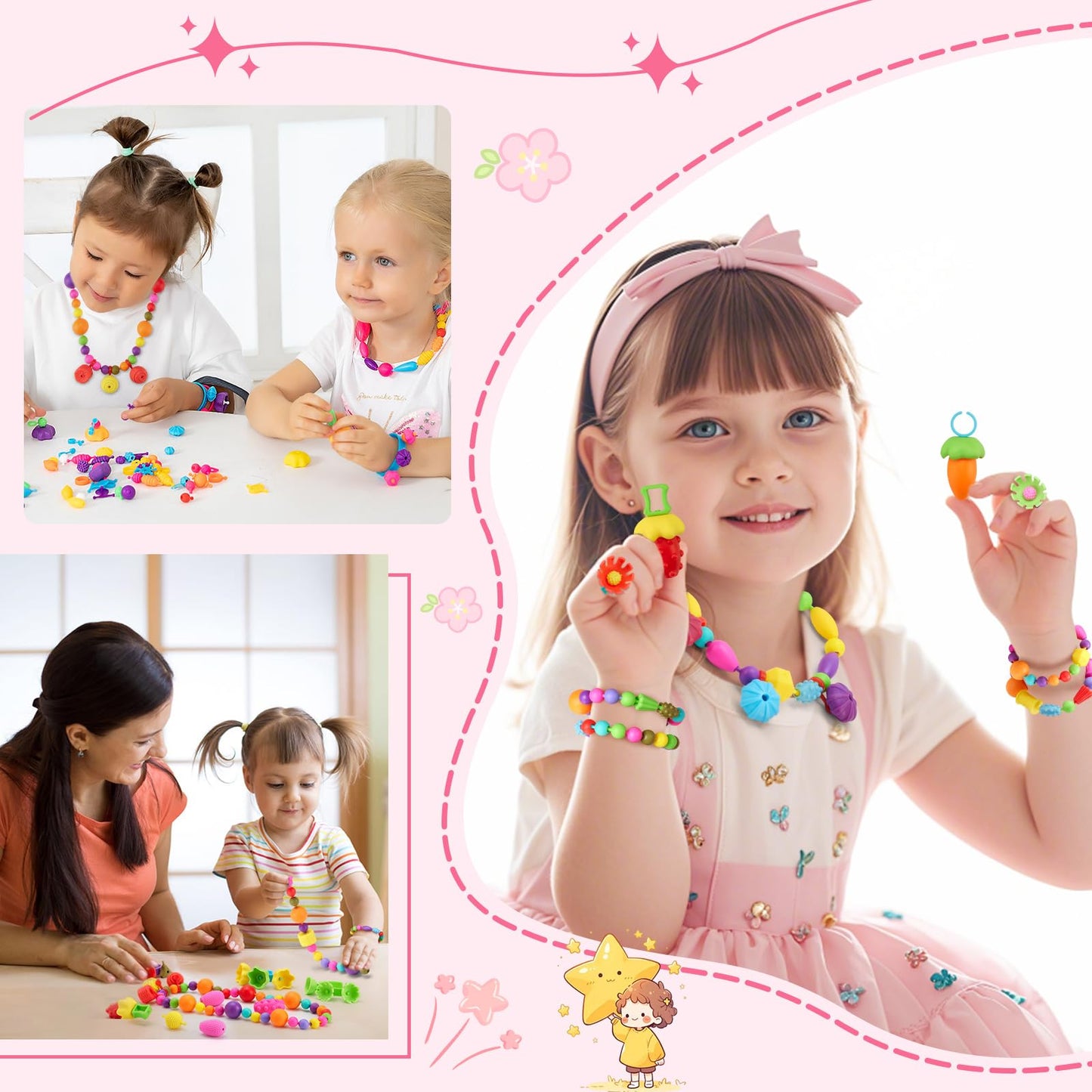 Arthopt Pop Beads, Jewelry Making Kit for 3 4 5 6 7 8 Years Old Girls, Arts and Crafts for Kids,Large Snap Beads DIY Necklace Br
